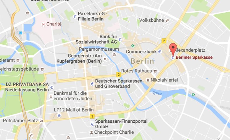 Hier befindet sich die Hauptgeschäftsstelle der Berliner Sparkasse: Alexanderplatz 2, 10178 Berlin