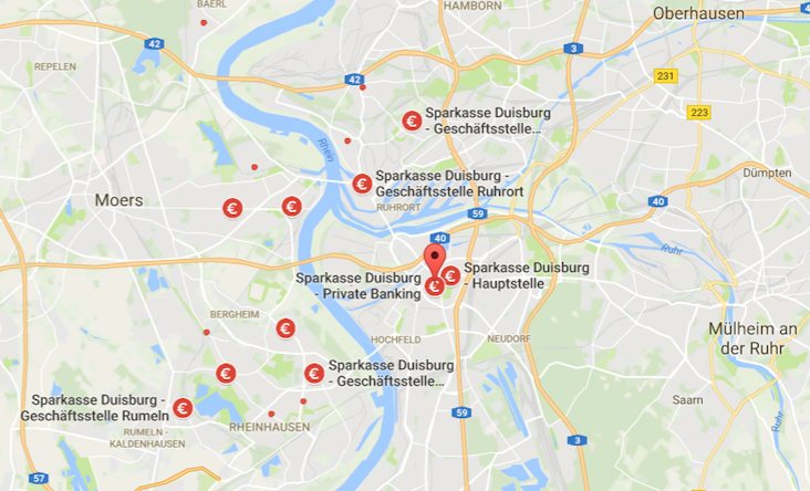 Karte zur Übersicht der Zweigstellen und Filialen der Sparkasse Duisburg