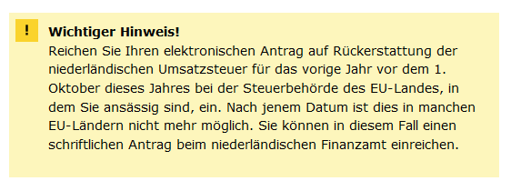 Antrag auf Rückerstattung der niederländischen Umsatzsteuer